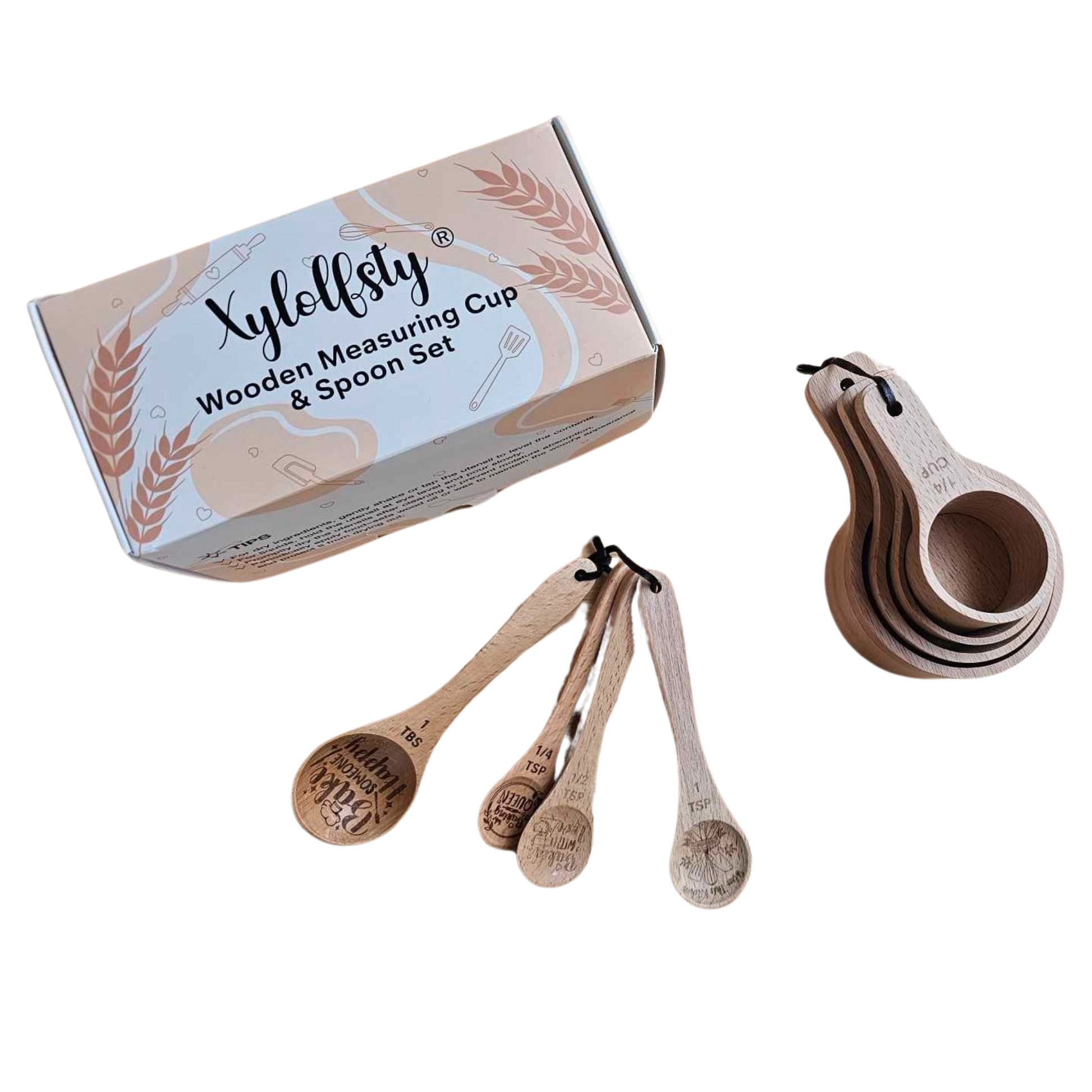 Wooden Measuring Cup and Spoon Set Designed with Baking Quotes