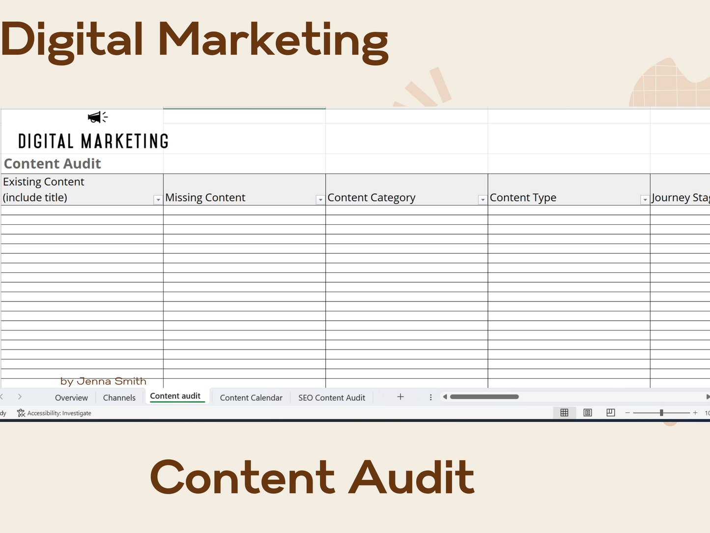 Digital Marketing, Content Planner Calendar & Social Media Posts Bundle Excel Template includes SEO Audit, Content Audit, Marketing Channels