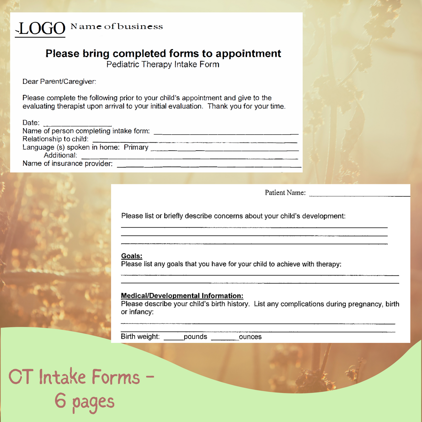 Comprehensive Pediatric Occupational Therapy Intake Forms Templates - Includes Behavior & Cancellation Policies, &  Care Expectations for Parents