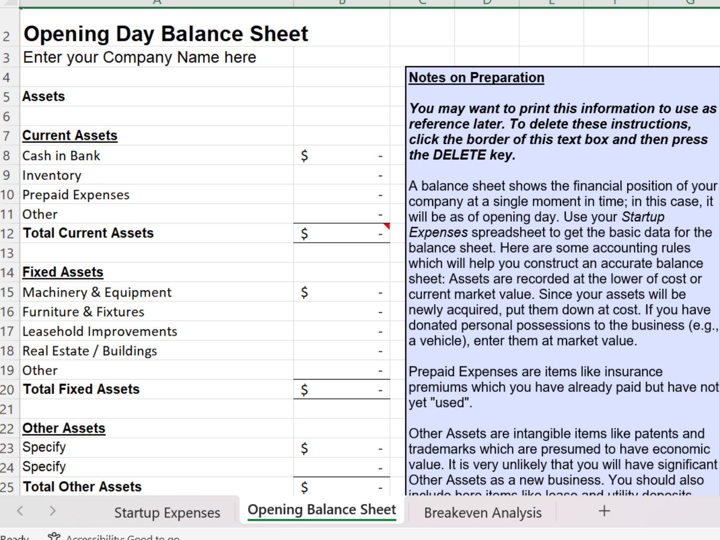 Business Plan for Start-Up Company Printable Template, Small Business, StartUp Expenses, Opening Balance Sheet, Breakeven Analysis, Workbook