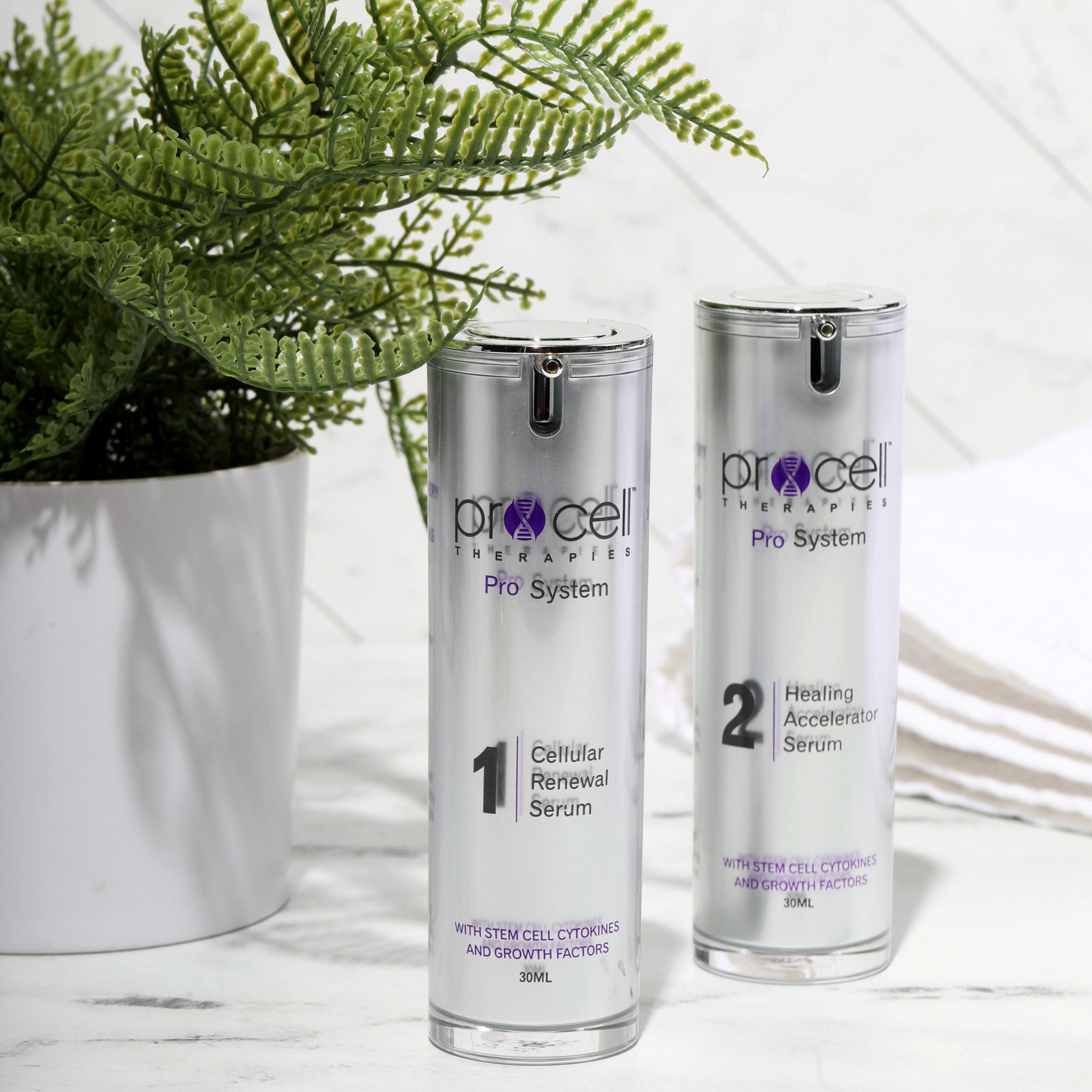 Two bottles of Procell Therapies  PRO Facial Serum, promising rejuvenation and microchanneling benefits.