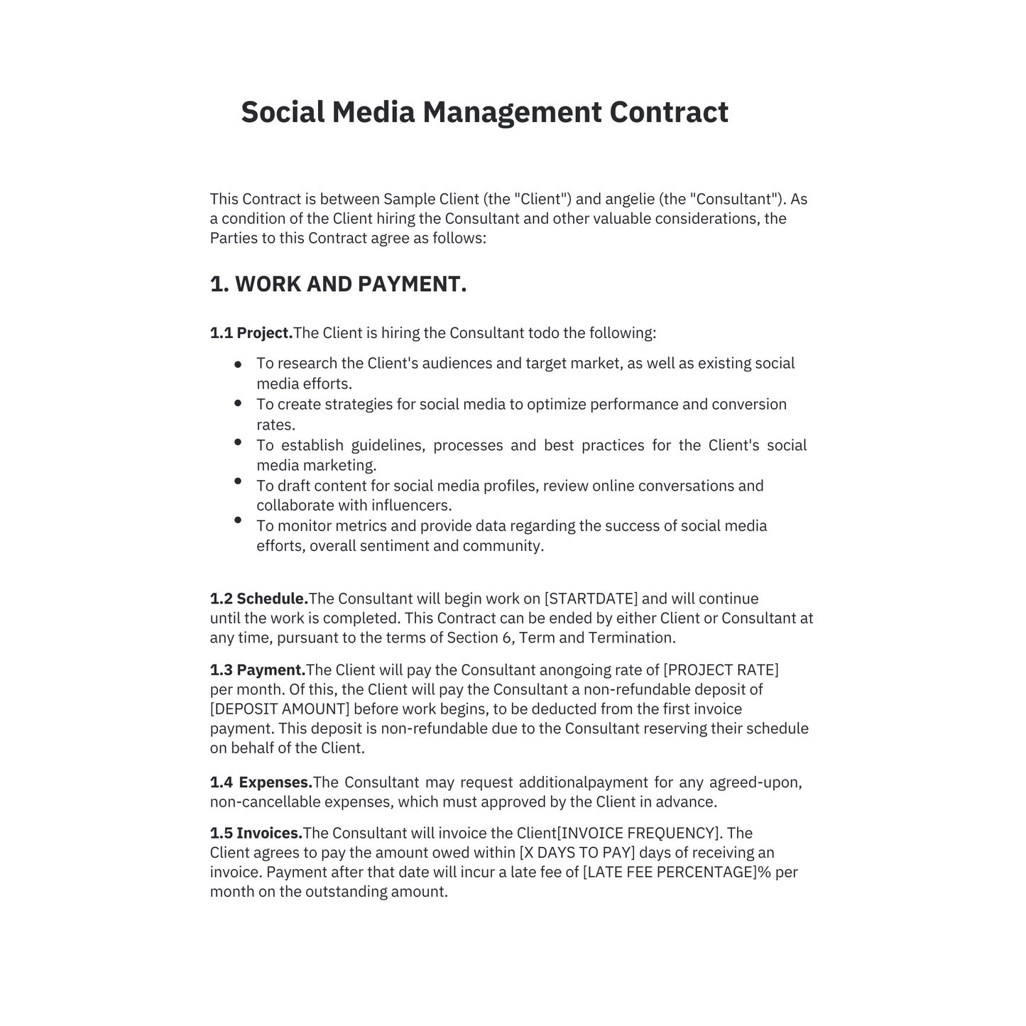 Social Media Influencer Contract Template, Social Media Management Contract, Social Media Promotion Template non disclosure Freelance