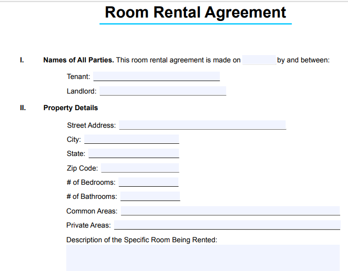 Room Rental Lease Contract Agreement Template and Printable