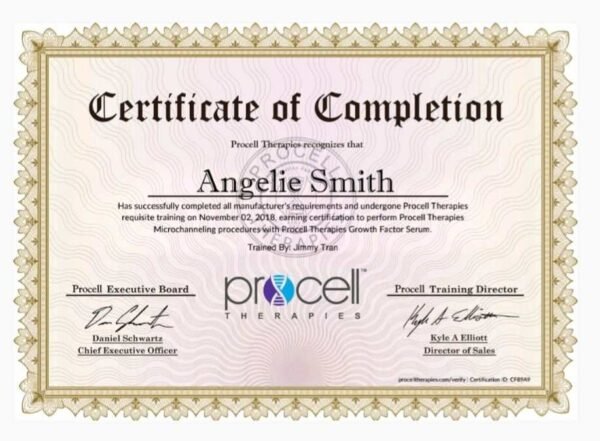 Angelie Smith's certification of completion for performing ProCell Therapies microchanneling procedures with its products.