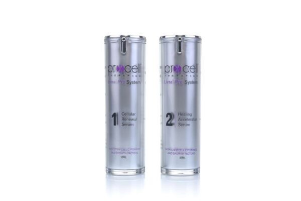 ProCell Therapies Livra Pro System 1 Cellular Renewal Serum and 2 Healing Accelerator Serum showing its features.