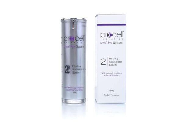 A bottle of ProCell Therapies Livra Pro System 2 Healing Accelerator Serum, showcasing its unique features.