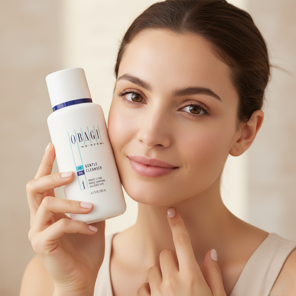 Obagi Gentle Face Cleanser in white bottle, ideal for dry and sensitive skin, cosmetic-grade daily skincare product.