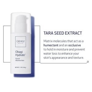 Lightweight Obagi Hydrate Facial Moisturizer with Tara Seed Extract for lasting hydration and smoother skin.